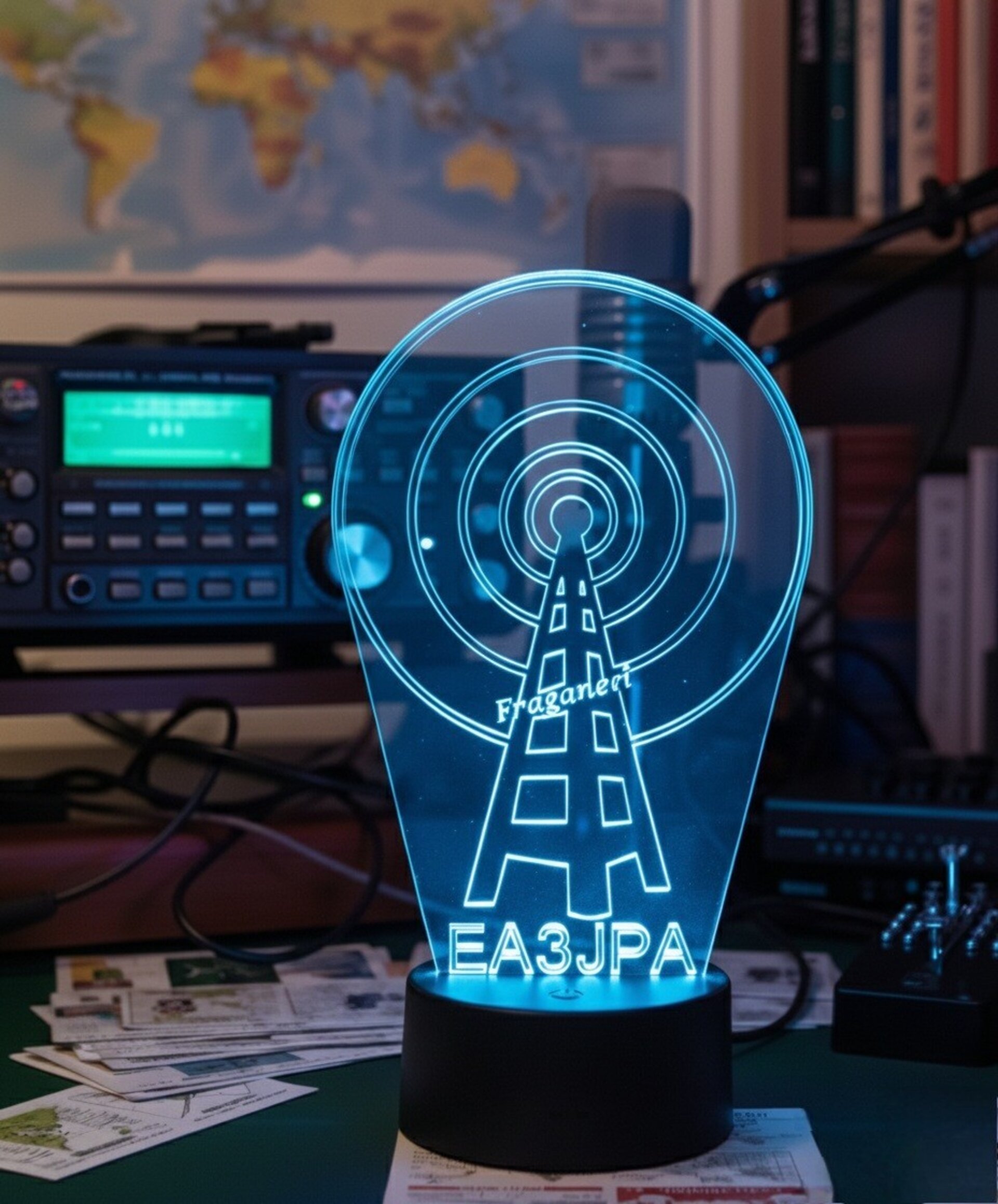 Lampara led 3d antena indicativo radioaficionados personalizable, sobremesa - 3